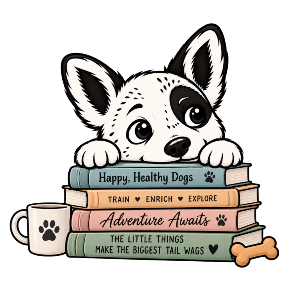 The Hidden Bone dog illustration with a stack of books